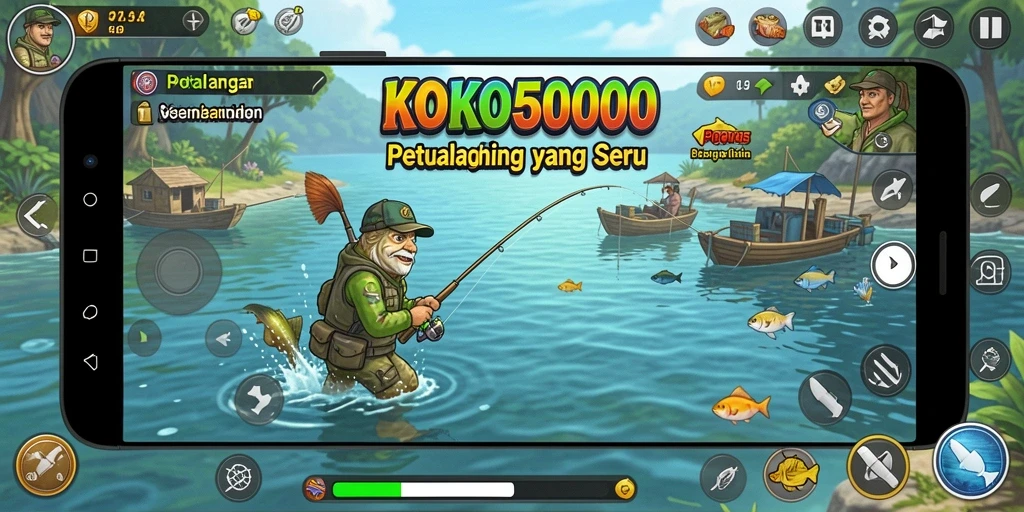 Screenshot menampilkan gameplay KOKO5000 saat menangkap ikan.