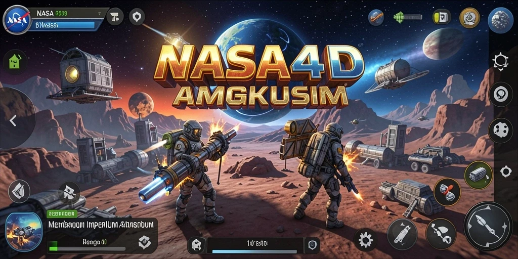 Screenshot gameplay NASA4D yang menggambarkan pembangunan stasiun luar angkasa.