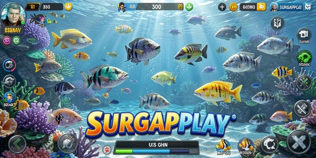 Gameplay SURGAPLAY menampilkan aksi seru Tembak Ikan.